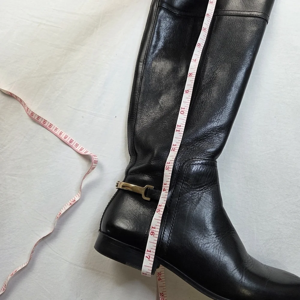 Tory Burch Black Leather Riding Boots 7.5M Gold Logo Hardware Equestrian Tall